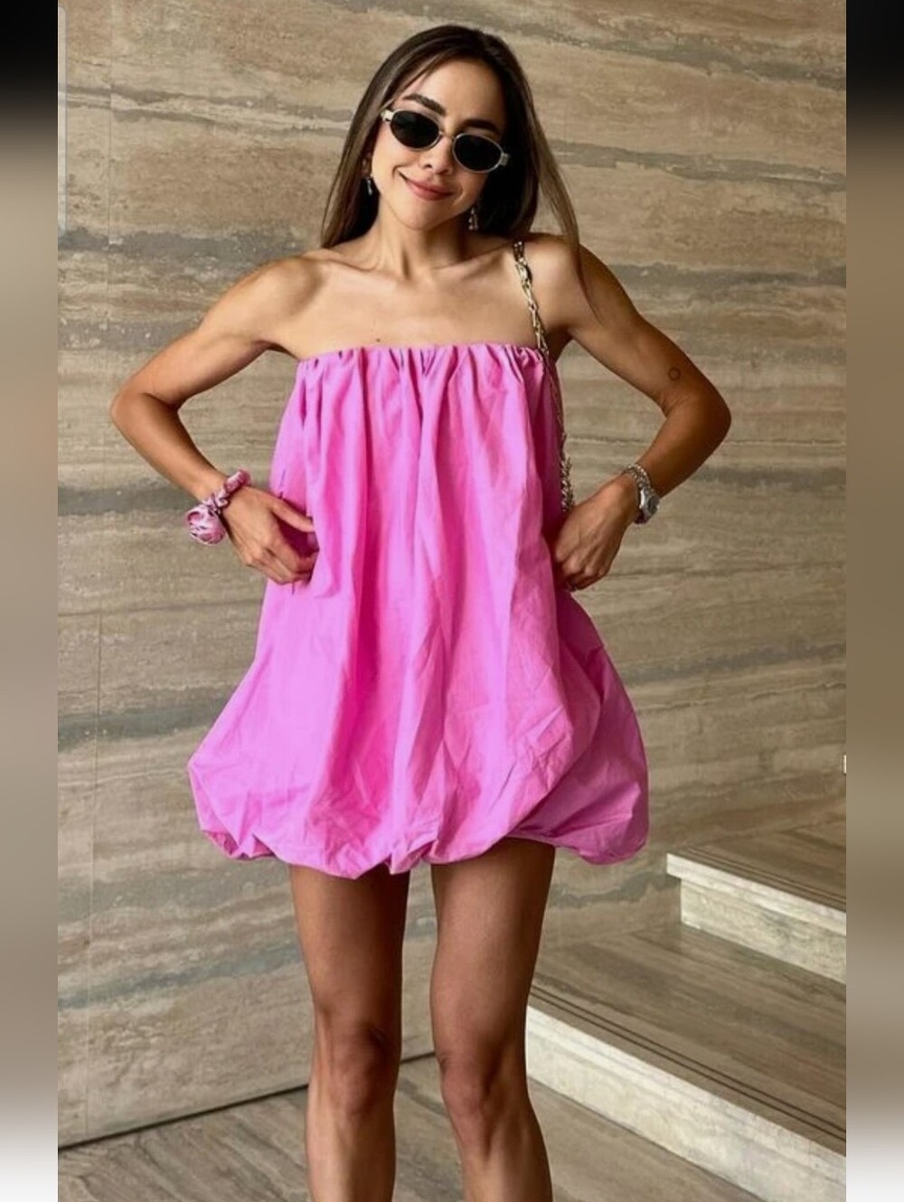 Zara NWT Pink Strapless Bubble Hem Mini Dress Size Small - Picture 1 of 16